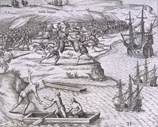 ジャマイカでのクリストファーコロンブス（1451-1506）とフランシスコポラスの戦い（1504年）、ヨハンルートヴィヒゴットフリートの「Mewe Welt und Americanische Historien」、フランクフルトマテウスメリアン発行